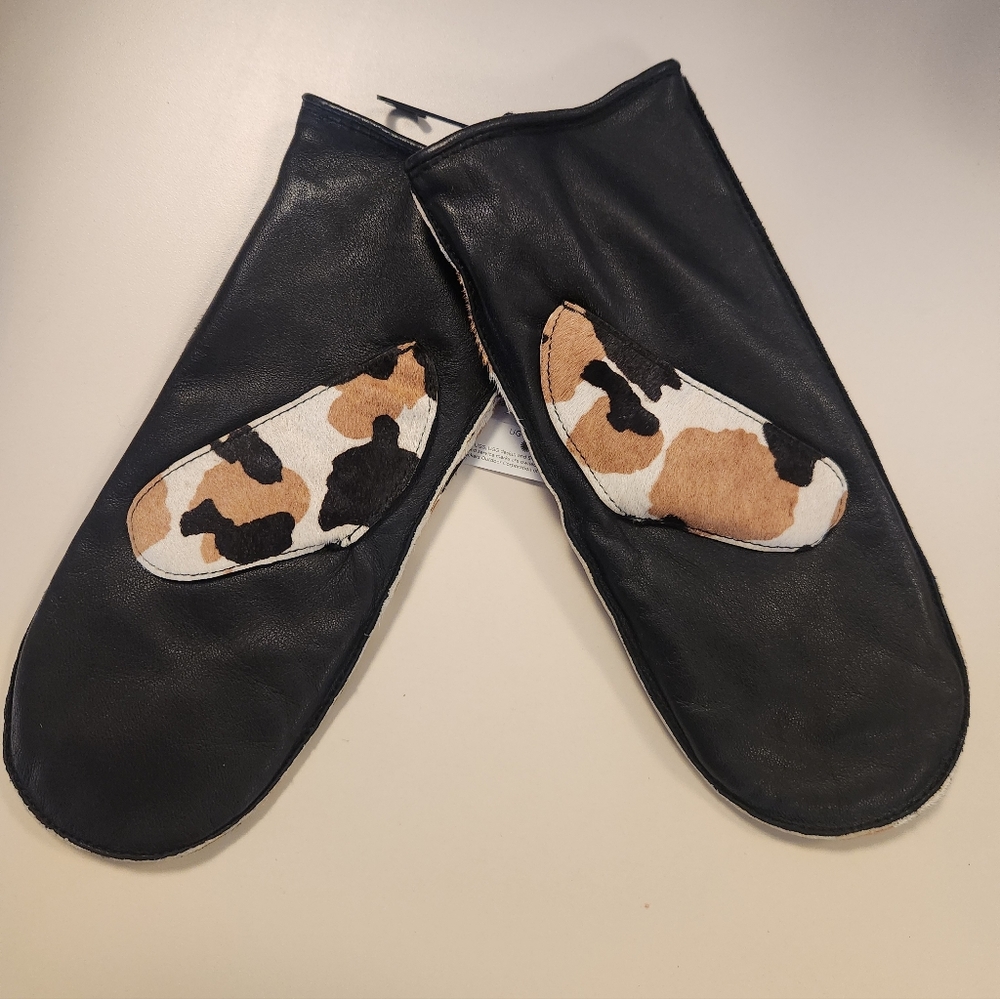 NWT UGG Calf Hair/Leather Cow Print Mittens $95 Sz S/M - Picture 2 of 5